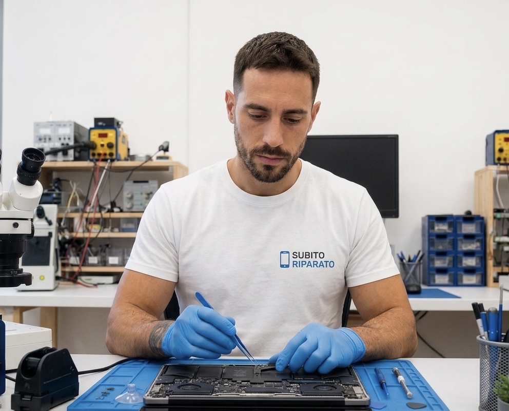 Riparazione di precisione su scheda madre MacBook Pro sotto microscopio