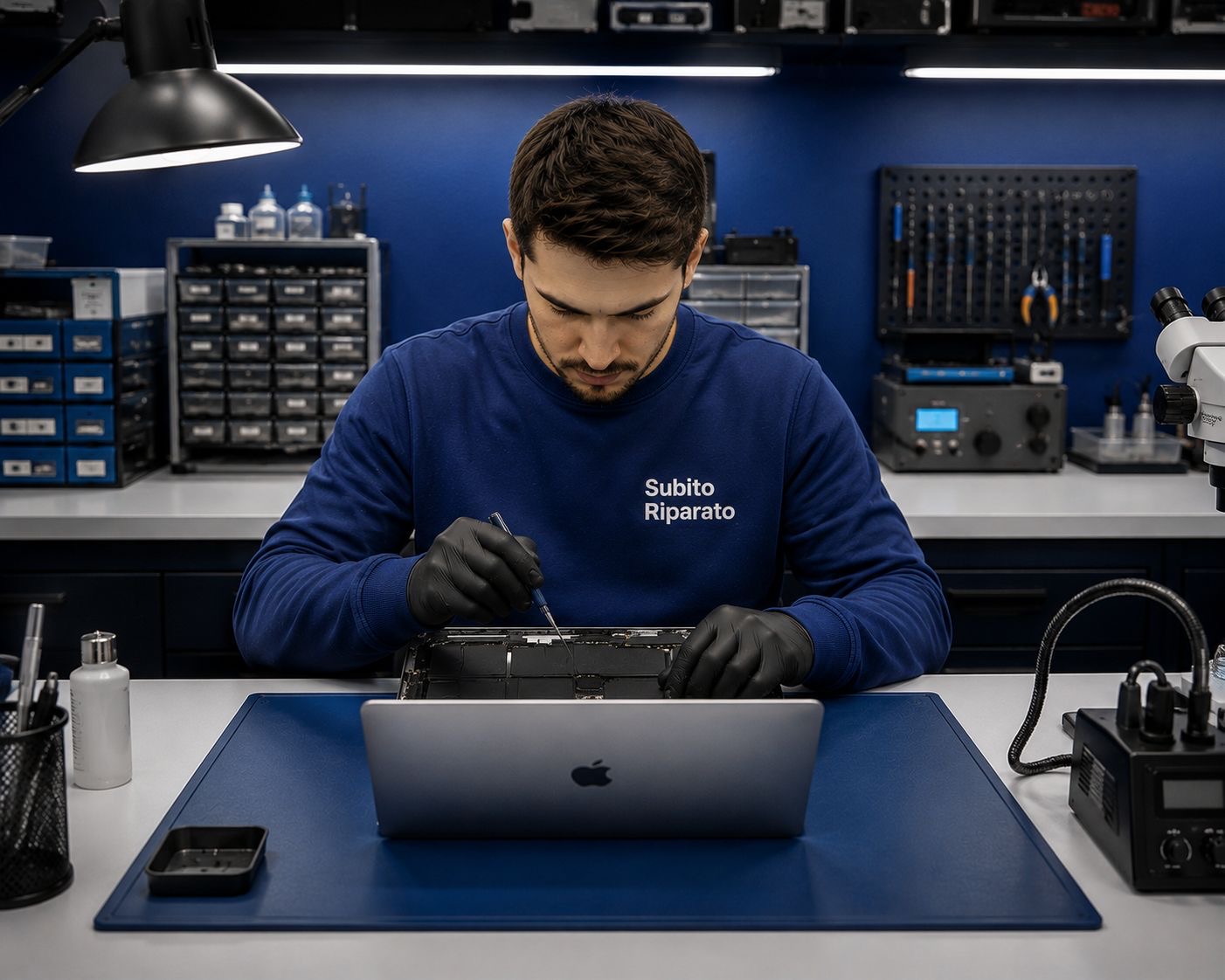 Tecnico Subito Riparato che ripara un MacBook al banco di lavoro